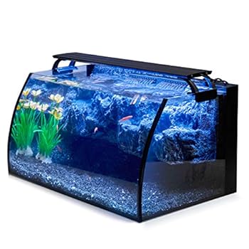 Hygger Horizon 8 Gallon LED Glass Aquarium Kit for Starters with 7W Power Filter Pump 18W Colored led Light Wide View Curved Shape Fish Tank with Undetachable 3D Rockery Background Decor